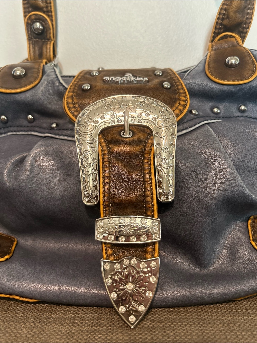 Angel Kiss Two-Tone Buckle Satchel - Navy and Brown - Picture 4 of 10